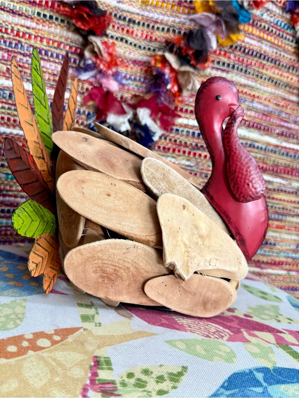 Handcrafted Red Turkey Figurine w/ Natural Driftwood Feathers Thanksgiving Fall